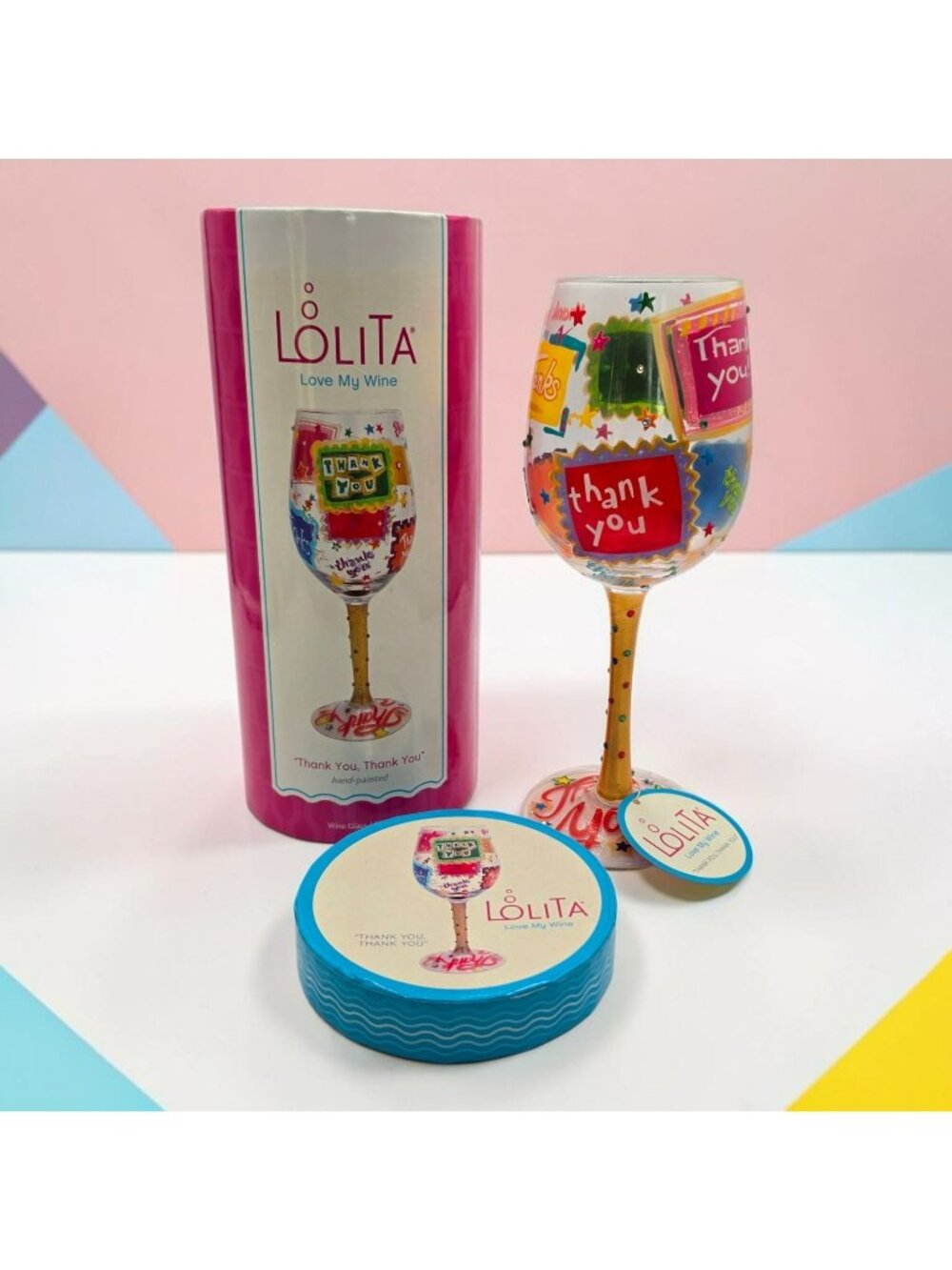 Lolita Hand-Painted "Thank You" 15 Oz Wine Glass Gift Box